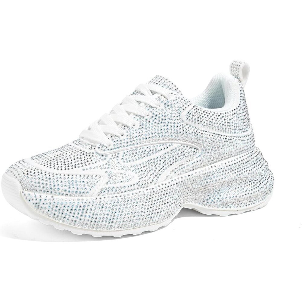 Lucky Step Women's White Fashion Platform Sparkly Rhinestone Chunky Sneakers